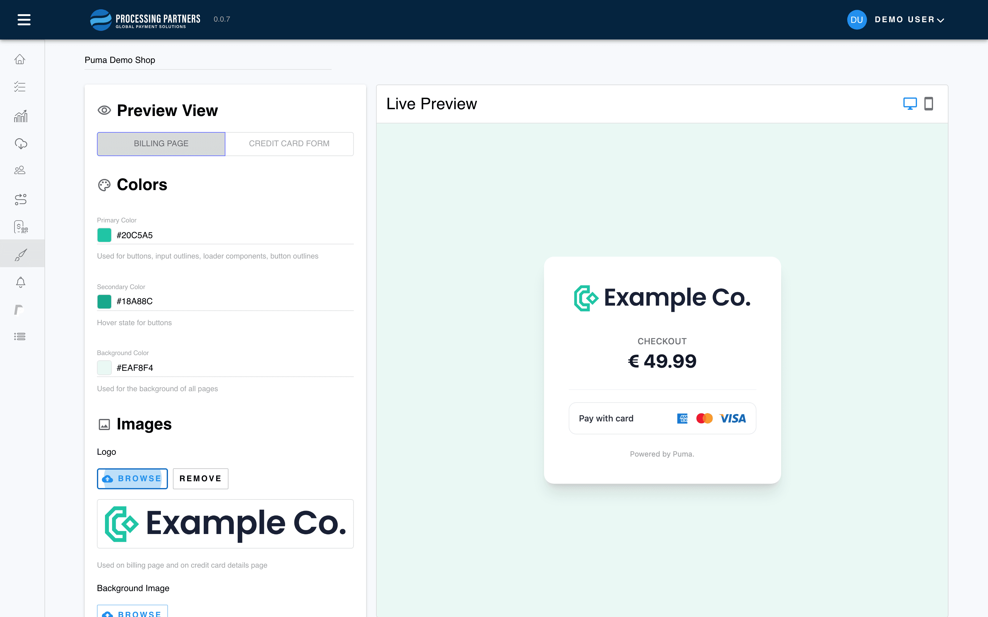 Live white-label billing page designer