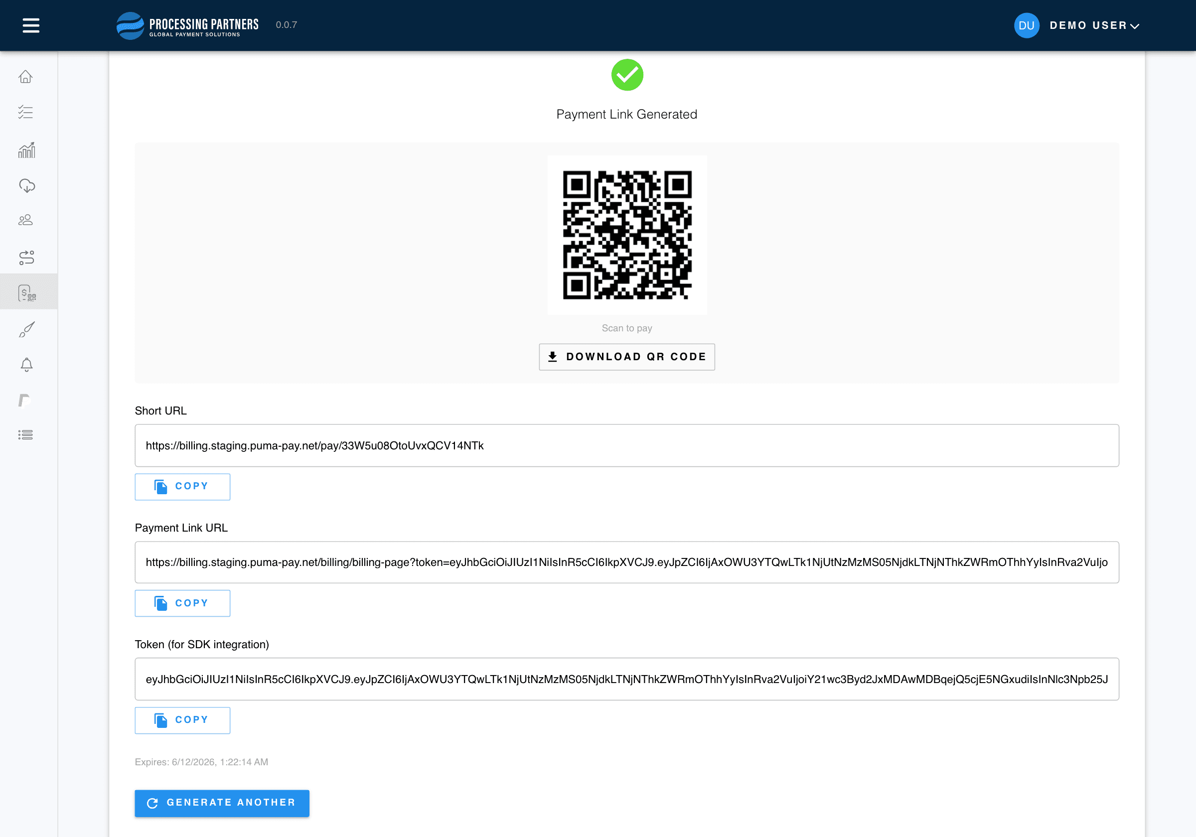 Generated payment link and QR code in PUMA